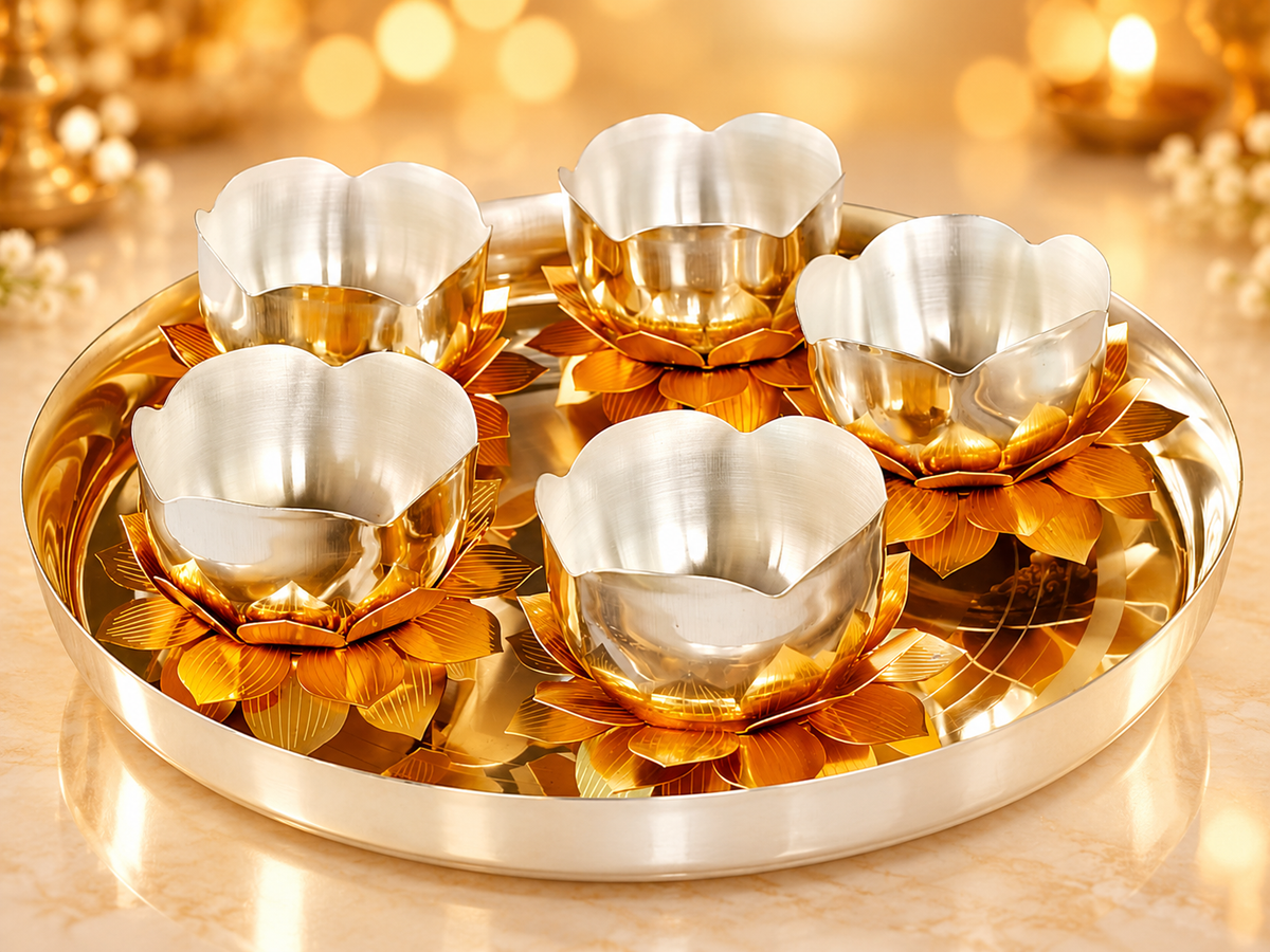 5 Pcs Lotus Prasad Bowl with Thali Set (Gold Finish)