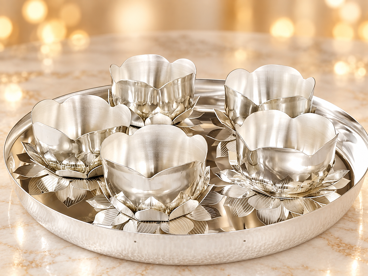 5 Pcs Lotus Prasad Bowl with Thali Set (Silver Finish)
