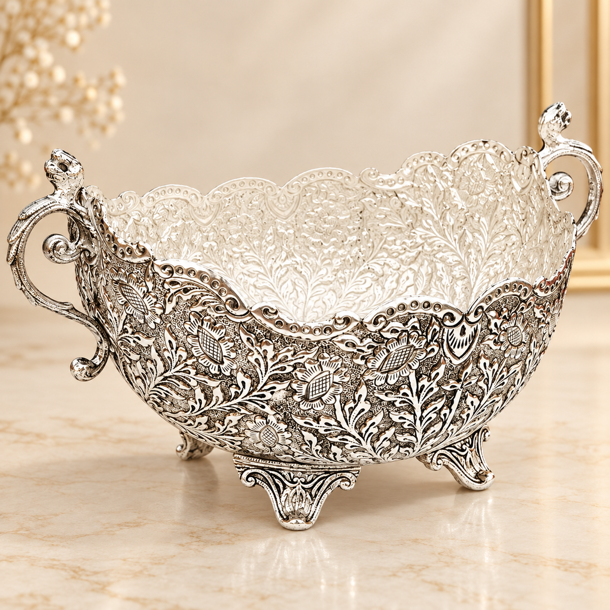 Antique German Silver Floral Oval Basket