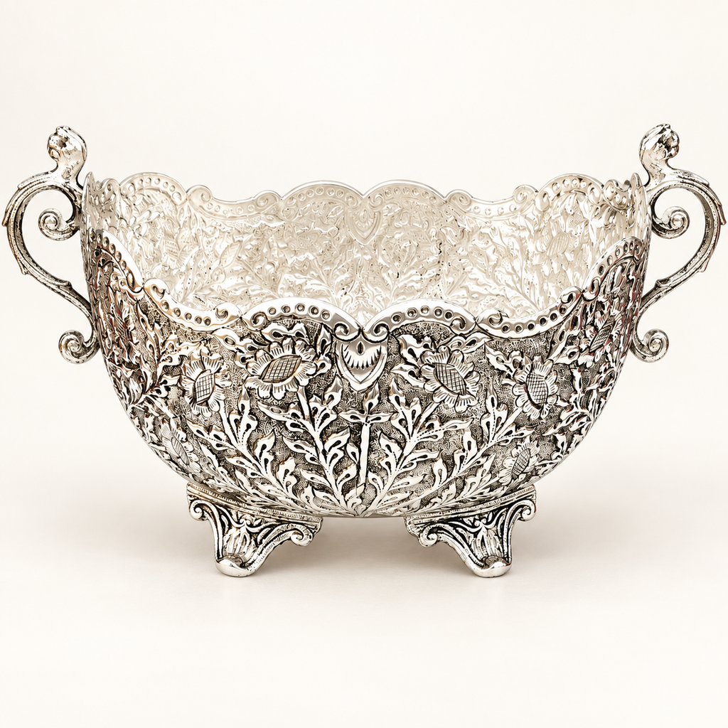 Antique German Silver Floral Oval Basket