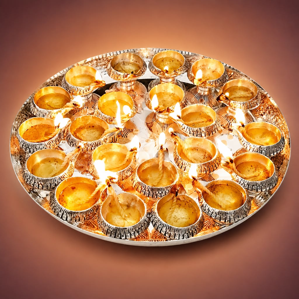 Decorative German Silver Diya Set with Thaali